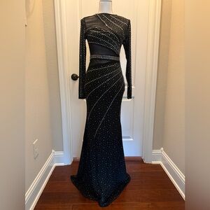 Windsor Sofia Long Sleeve Rhinestone Mesh Mermaid Dress